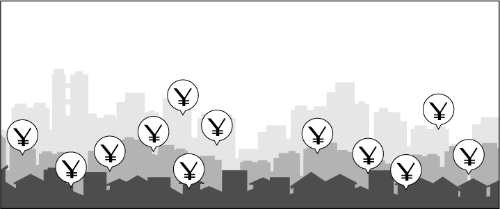 街の不動産にそれぞれ価格があり相場が形成されているイラスト
